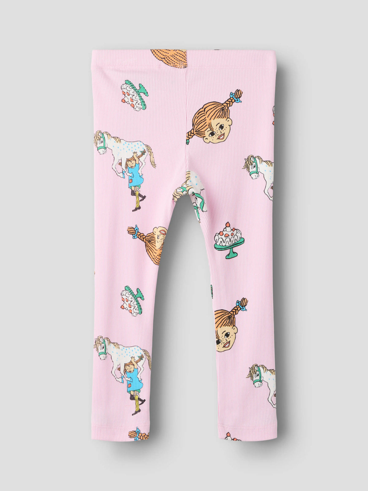 Ribbade ljusrosa leggings till flicka med Pippi Långstrump-mönster i färgen Pirouette.