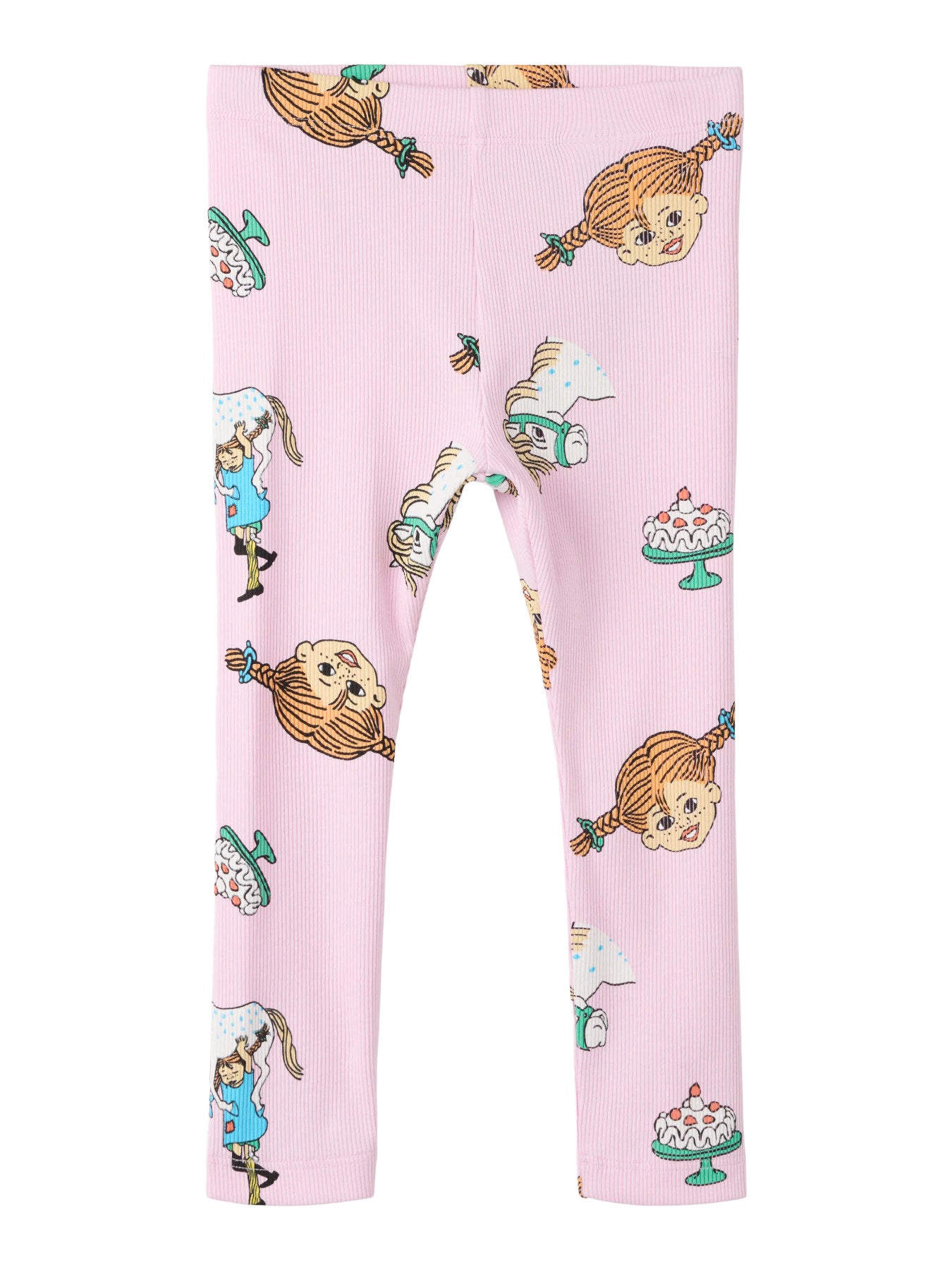 Ribbade ljusrosa leggings till flicka med Pippi Långstrump-mönster i färgen Pirouette.