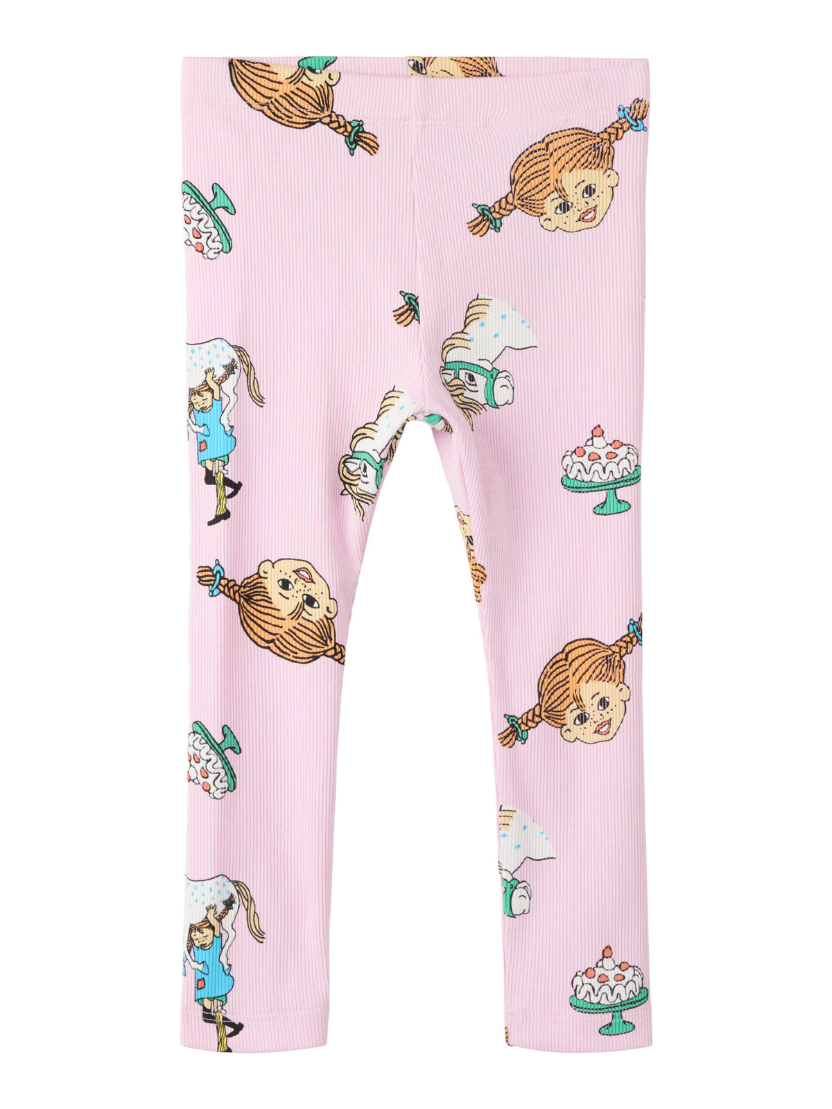 Ribbade ljusrosa leggings till flicka med Pippi Långstrump-mönster i färgen Pirouette.