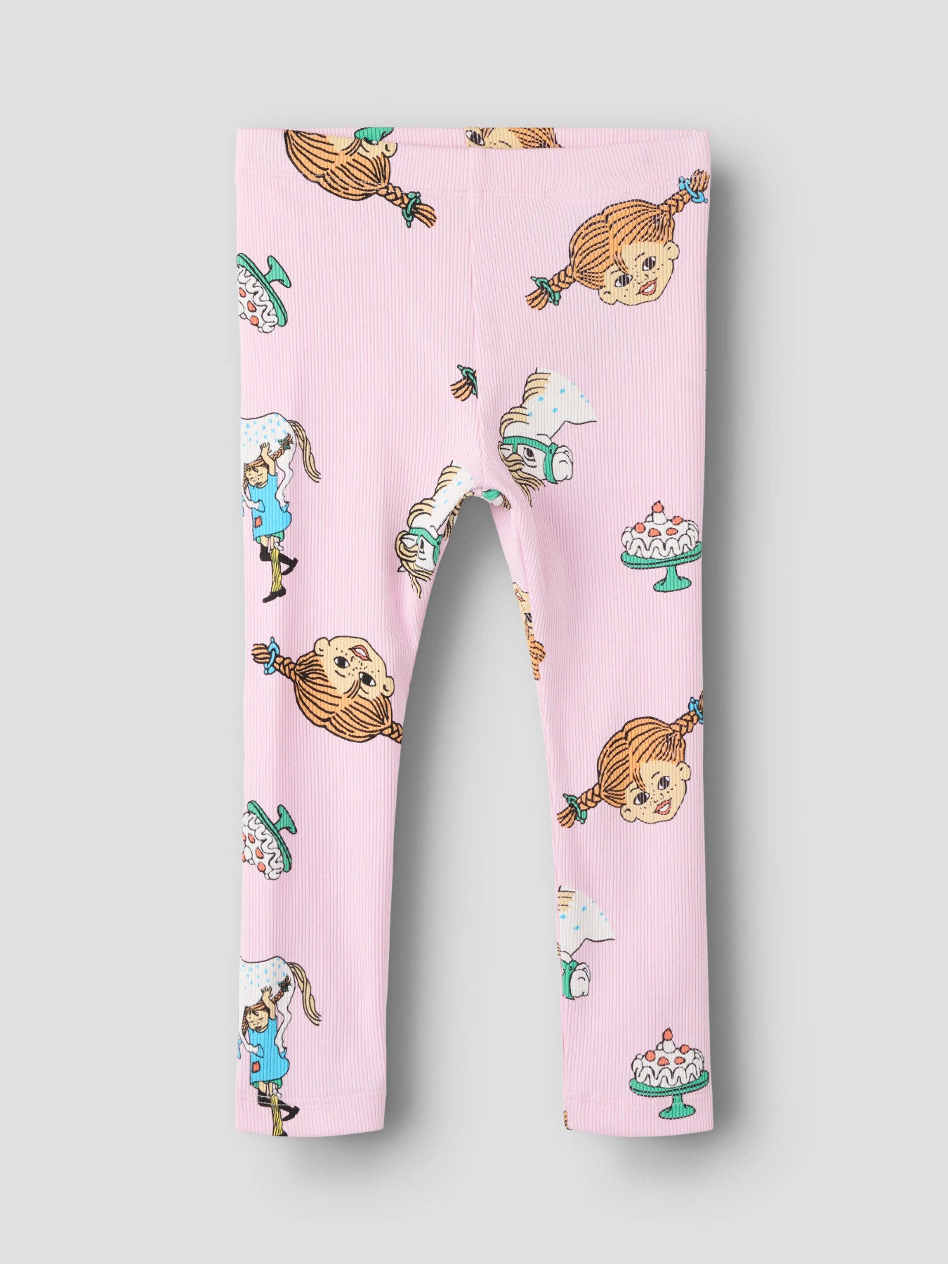 Ribbade ljusrosa leggings till flicka med Pippi Långstrump-mönster i färgen Pirouette.