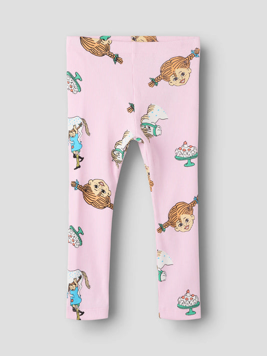 Ribbade ljusrosa leggings till flicka med Pippi Långstrump-mönster i färgen Pirouette.