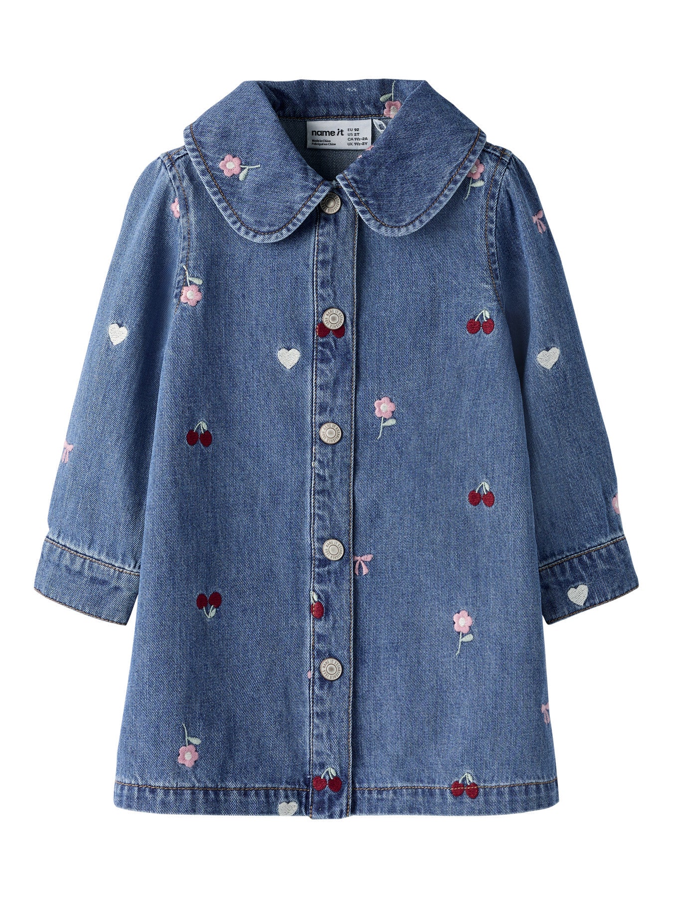 Name It Emily blå denimklänning för flicka med broderade detaljer, lång ärm och skjortkrage