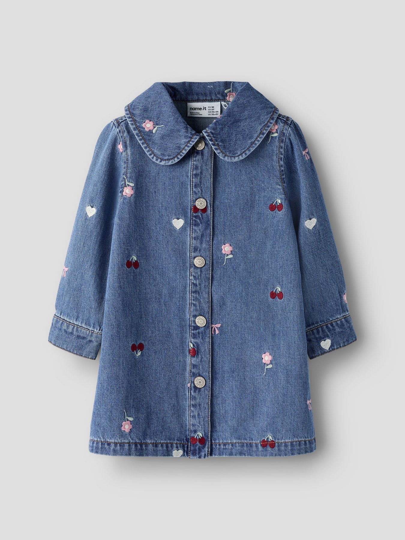 Name It Emily blå denimklänning för flicka med broderade detaljer, lång ärm och skjortkrage
