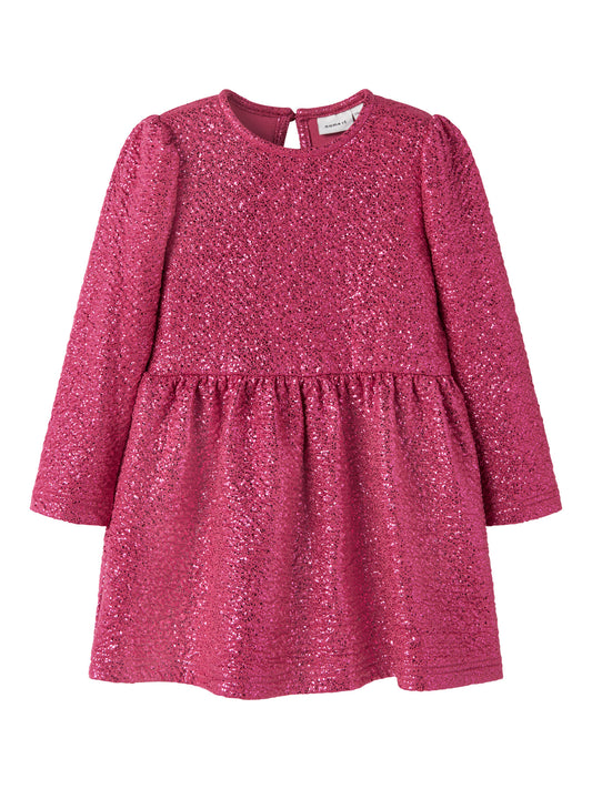 Name It Risine glittrig rosa klänning med lång ärm för flicka framifrån