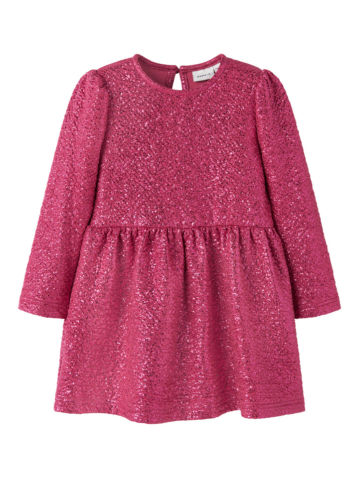 Name It Risine glittrig rosa klänning med lång ärm för flicka framifrån