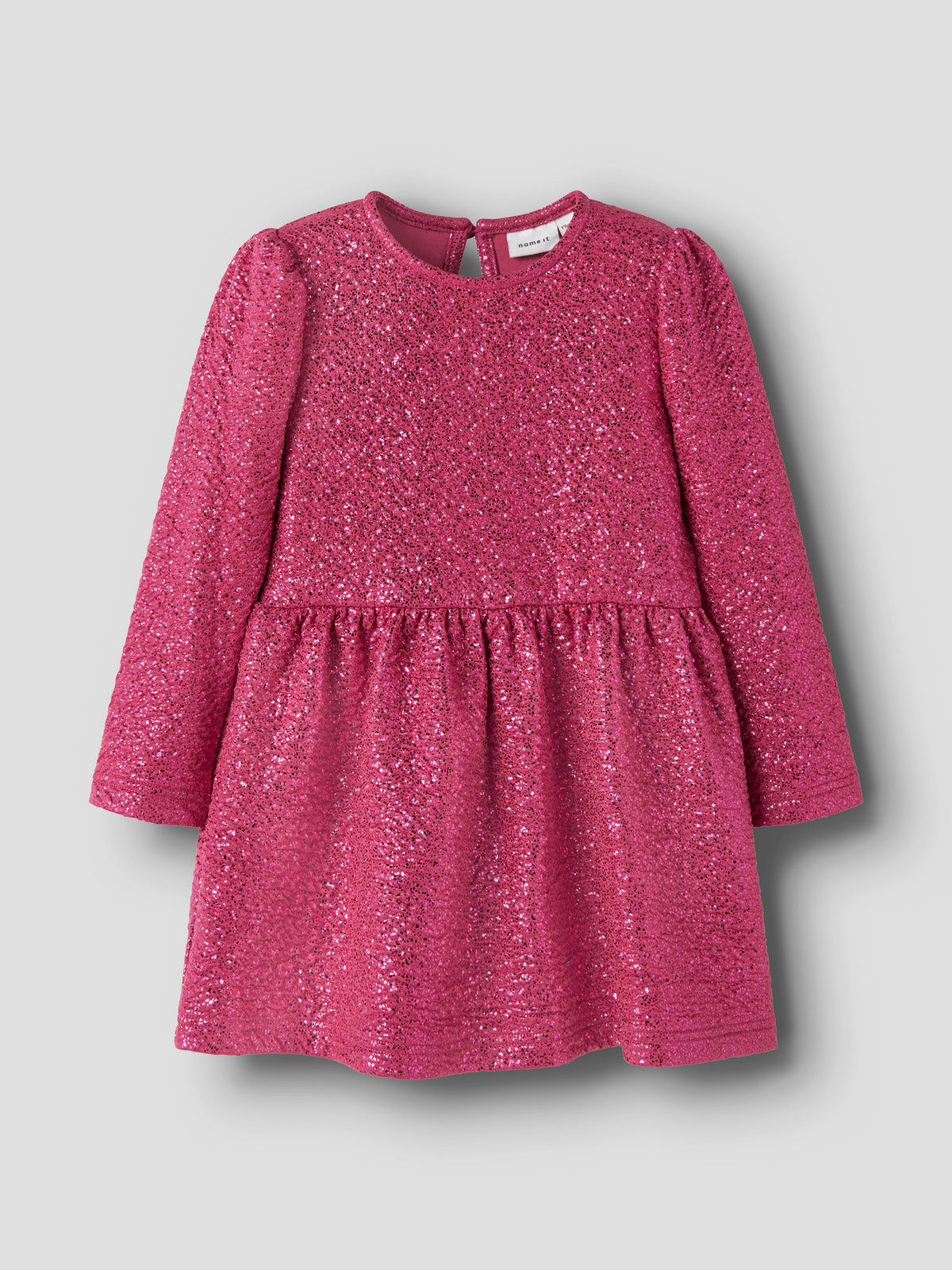 Name It Risine glittrig rosa klänning med lång ärm för flicka framifrån