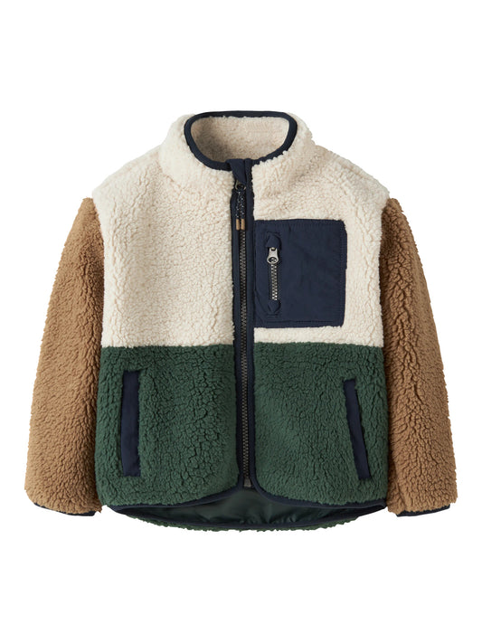 Name It Macey färgblockad teddyjacka grön beige brun mini pojke