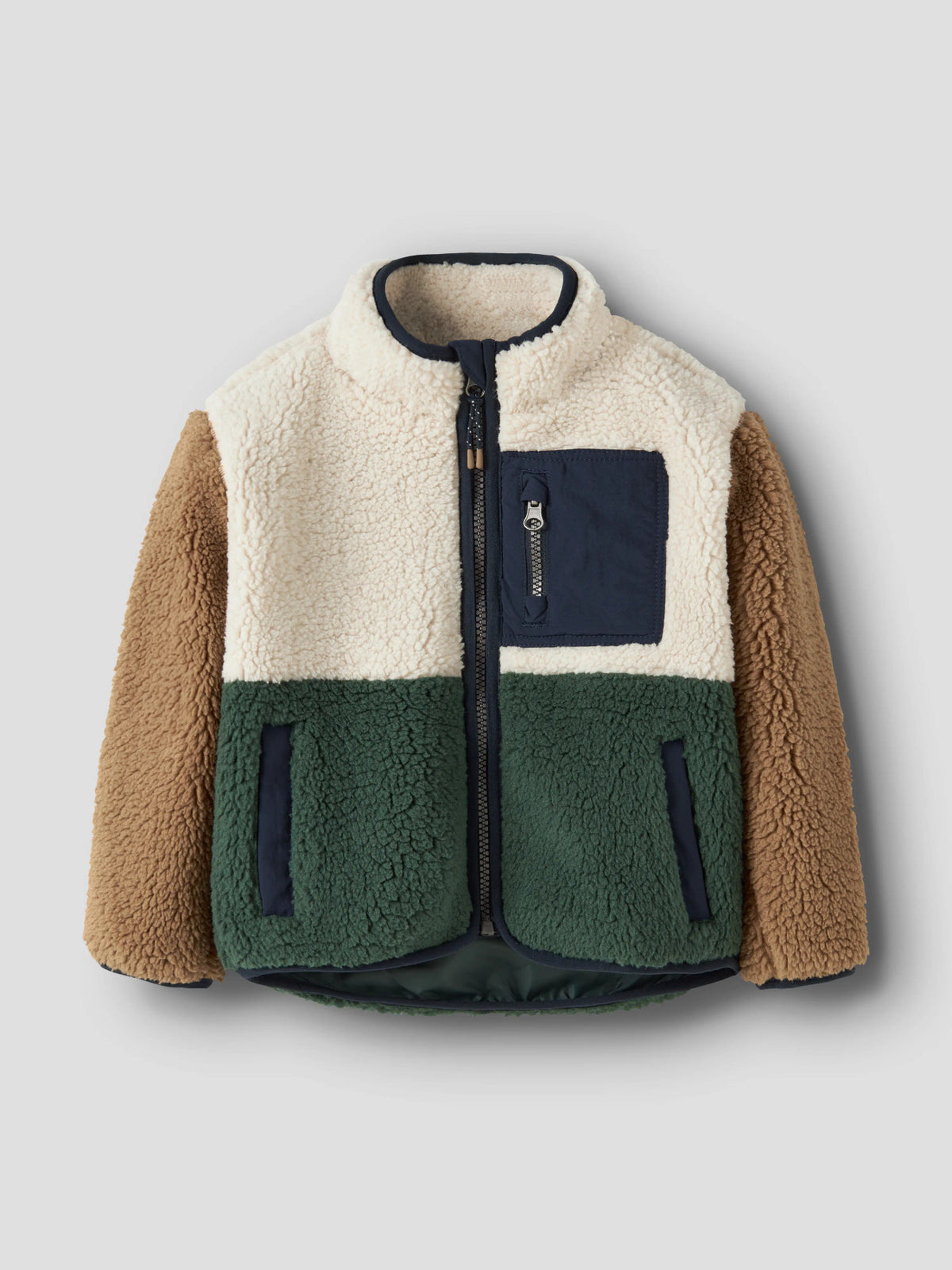 Name It Macey färgblockad teddyjacka grön beige brun mini pojke