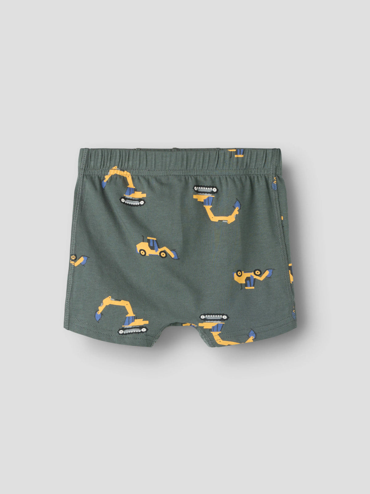 3-pack boxerkalsonger för pojke från name it med grävmaskinsmönster samt marinblå och grå boxerkalsonger i mjuk ekologisk bomull med stretch.