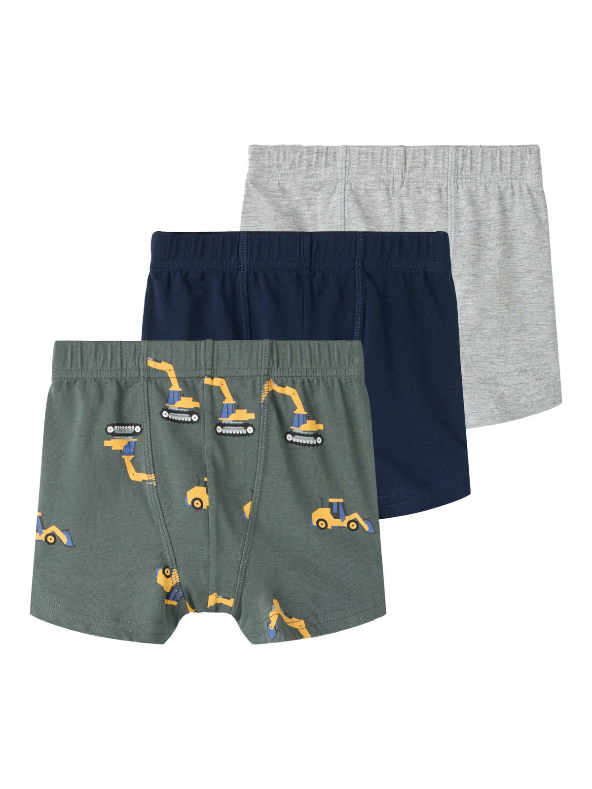 3-pack boxerkalsonger för pojke från name it med grävmaskinsmönster samt marinblå och grå boxerkalsonger i mjuk ekologisk bomull med stretch.