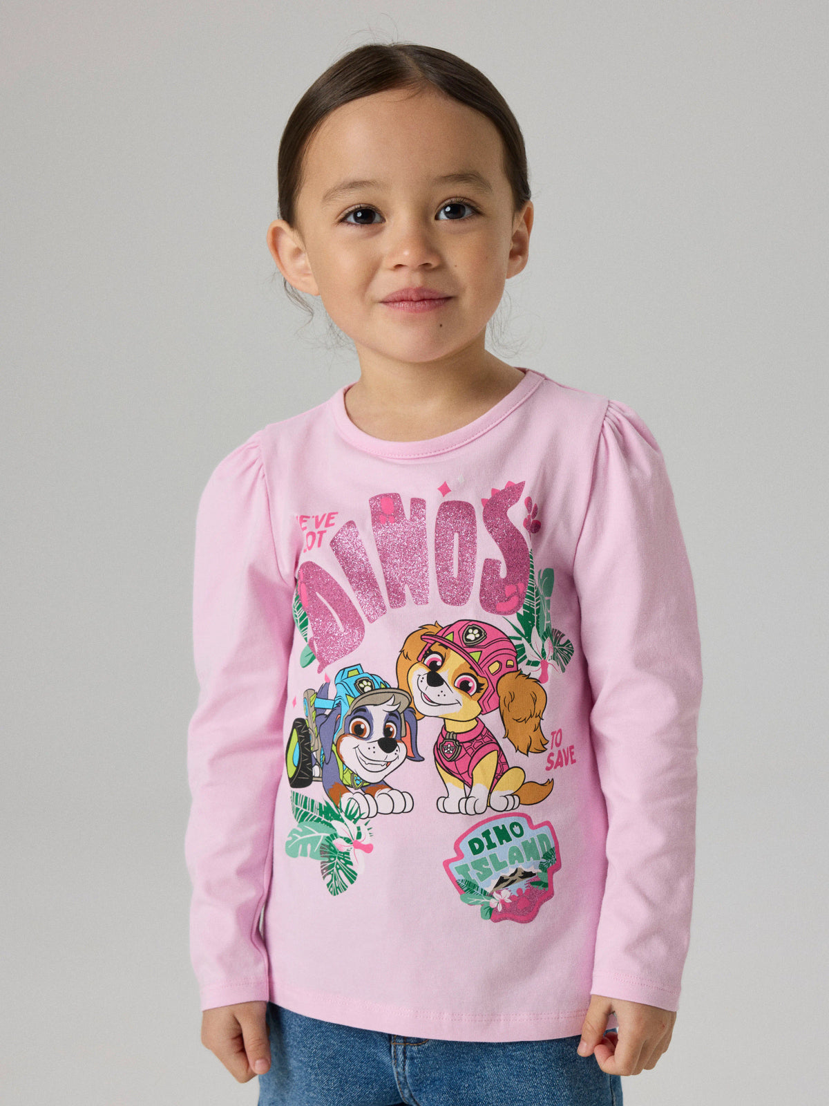 name it långärmad Paw Patrol-tröja för flicka i rosa ekologisk bomull med Skye, Everest, glittertryck och puffärmar.