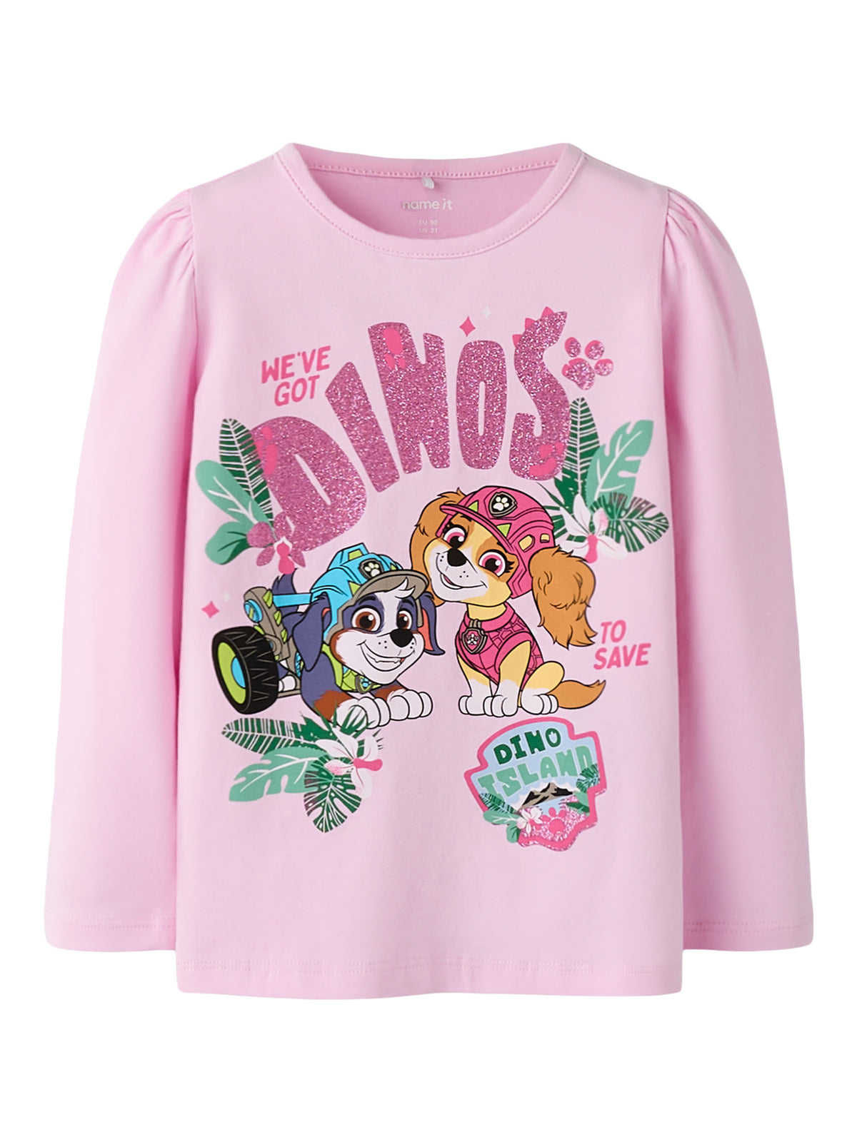 name it långärmad Paw Patrol-tröja för flicka i rosa ekologisk bomull med Skye, Everest, glittertryck och puffärmar.