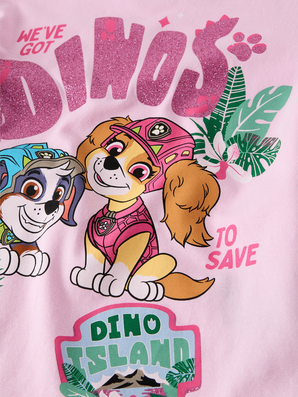 name it långärmad Paw Patrol-tröja för flicka i rosa ekologisk bomull med Skye, Everest, glittertryck och puffärmar.