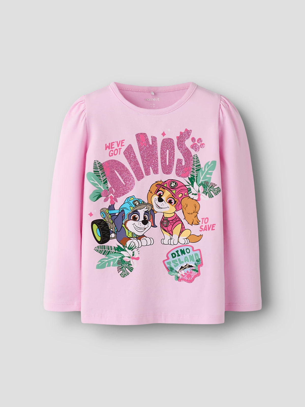 name it långärmad Paw Patrol-tröja för flicka i rosa ekologisk bomull med Skye, Everest, glittertryck och puffärmar.