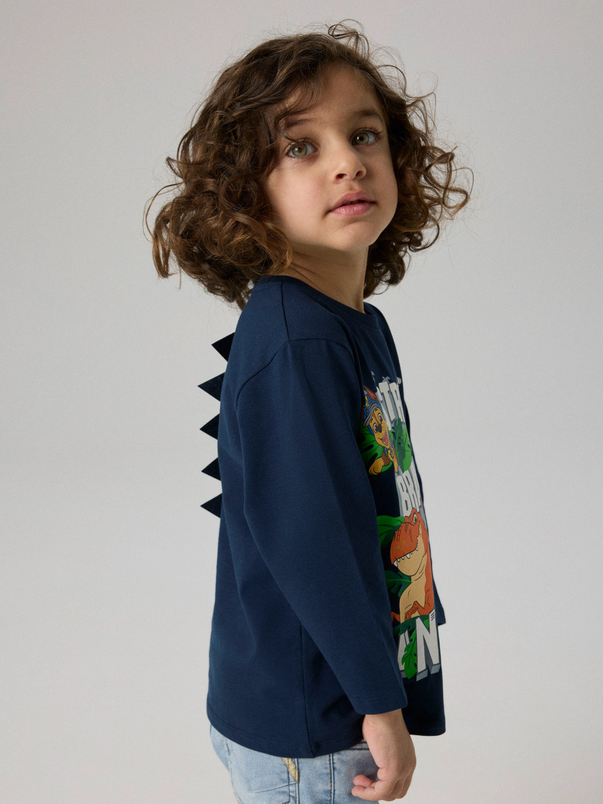 name it långärmad Paw Patrol-tröja för pojke i navy med Marshall, Chase, Rubble och dinosauriemotiv i mjuk bomullsjersey.