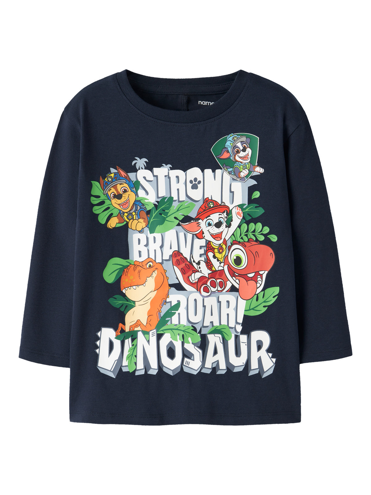 name it långärmad Paw Patrol-tröja för pojke i navy med Marshall, Chase, Rubble och dinosauriemotiv i mjuk bomullsjersey.