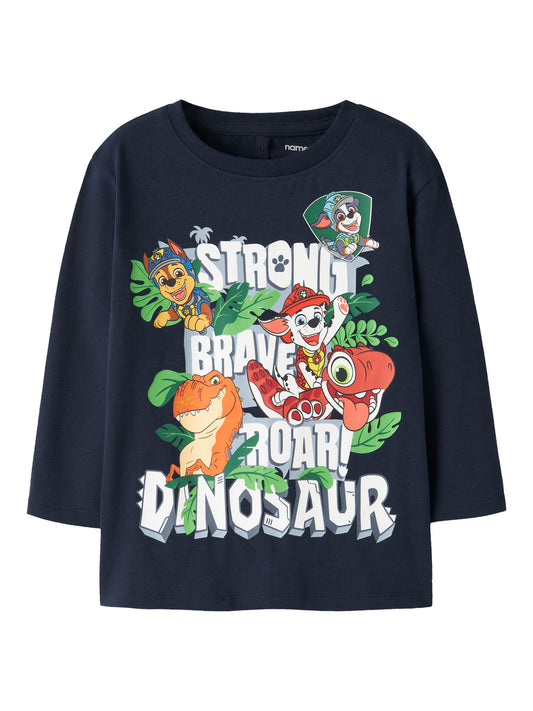 name it långärmad Paw Patrol-tröja för pojke i navy med Marshall, Chase, Rubble och dinosauriemotiv i mjuk bomullsjersey.