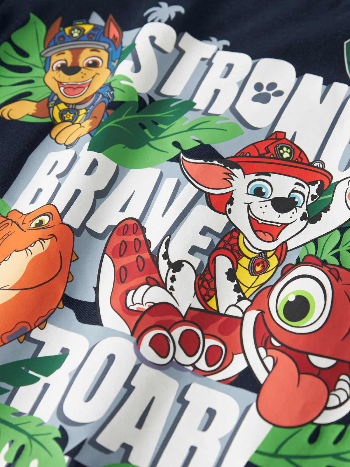 name it långärmad Paw Patrol-tröja för pojke i navy med Marshall, Chase, Rubble och dinosauriemotiv i mjuk bomullsjersey.