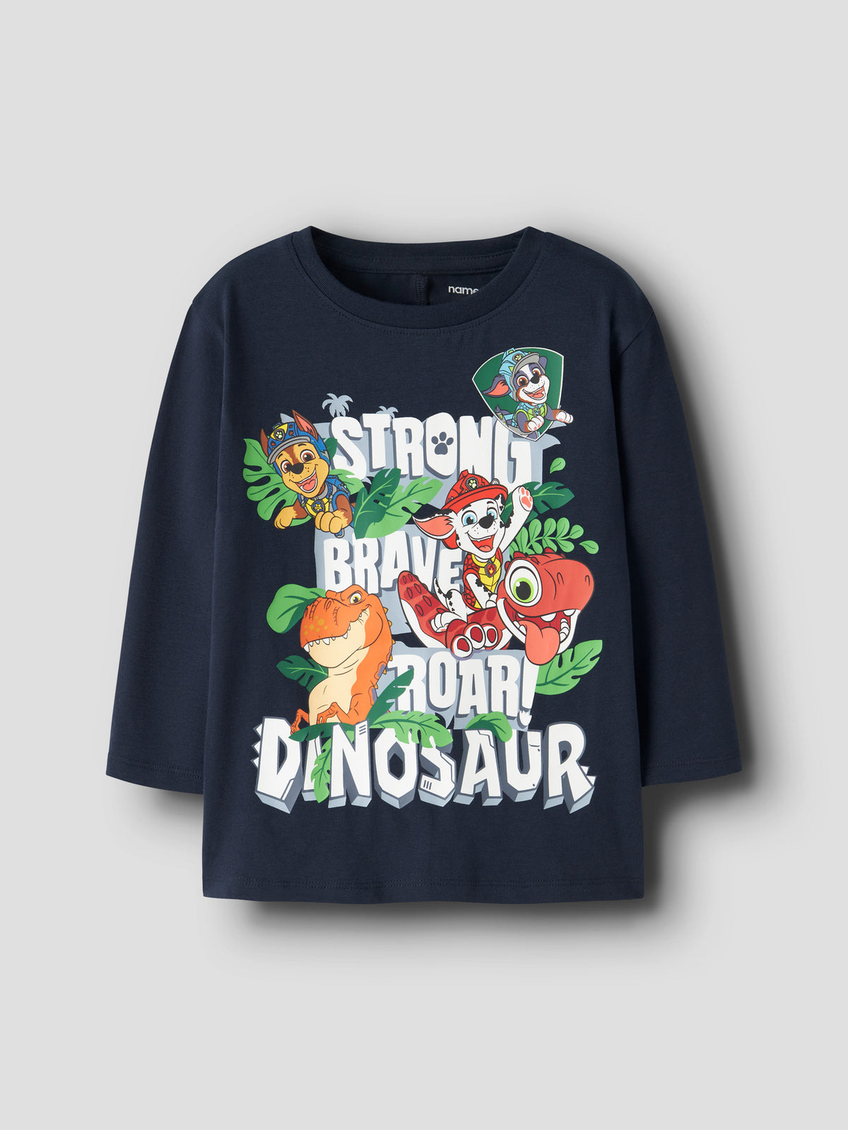 name it långärmad Paw Patrol-tröja för pojke i navy med Marshall, Chase, Rubble och dinosauriemotiv i mjuk bomullsjersey.