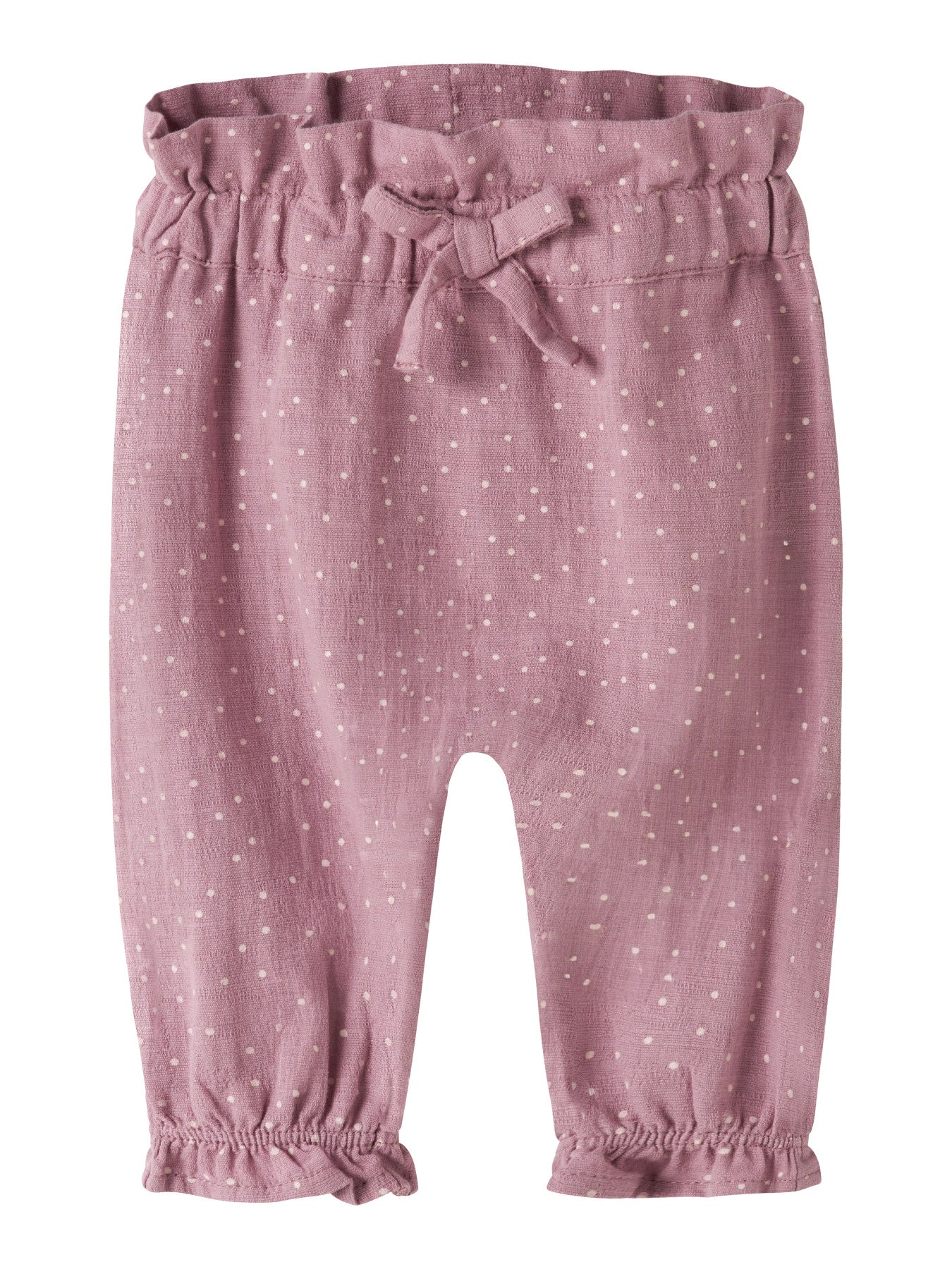 Name It Lalou byxor för baby flicka med vita prickar, rosett i midjan och volangdetaljer