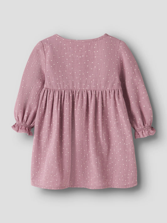 Name It Lalou klänning för babyflicka med prickigt mönster, träknappar och volangärmar