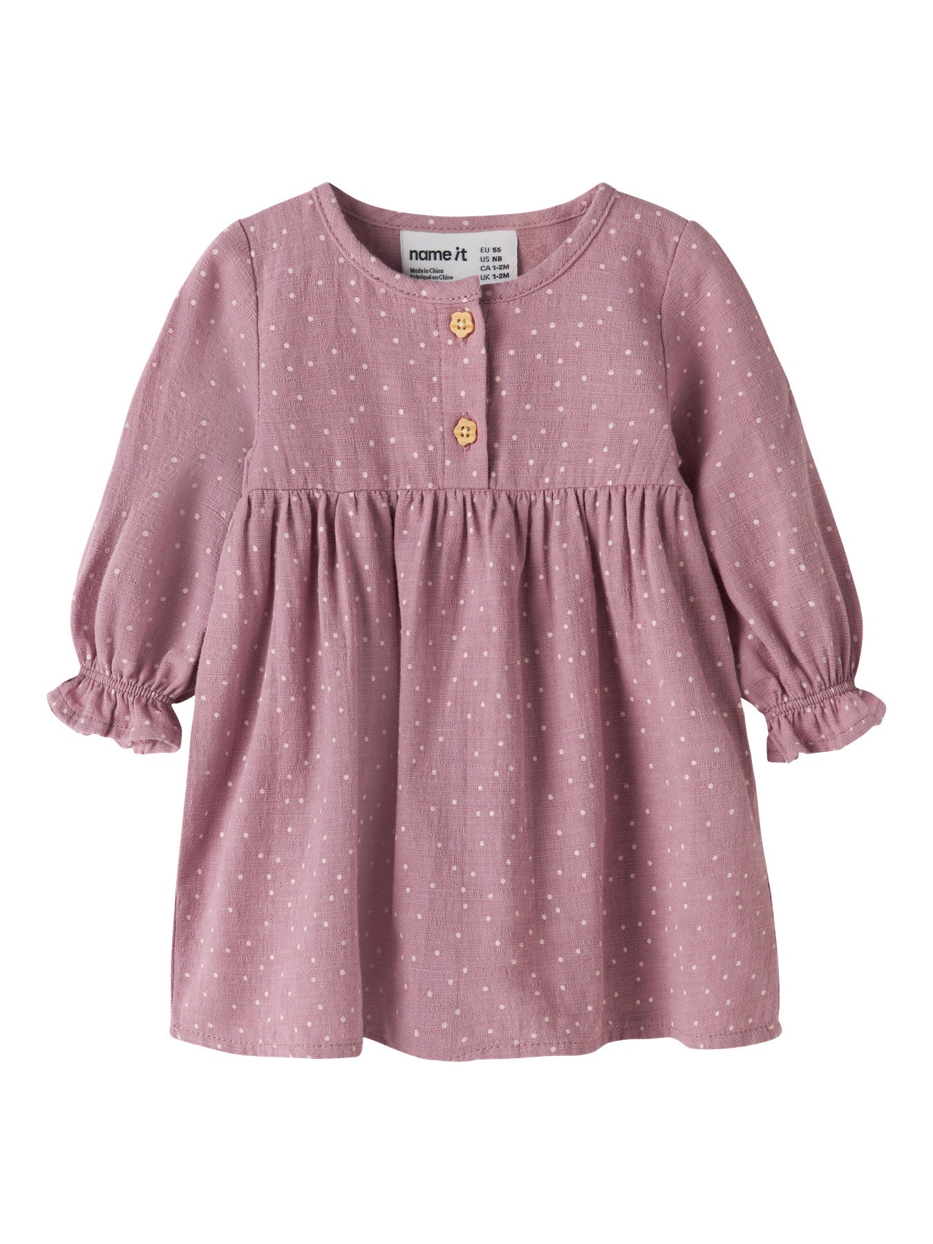 Name It Lalou klänning för babyflicka med prickigt mönster, träknappar och volangärmar