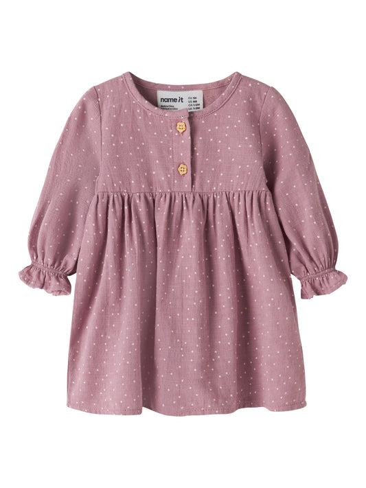 Name It Lalou klänning för babyflicka med prickigt mönster, träknappar och volangärmar