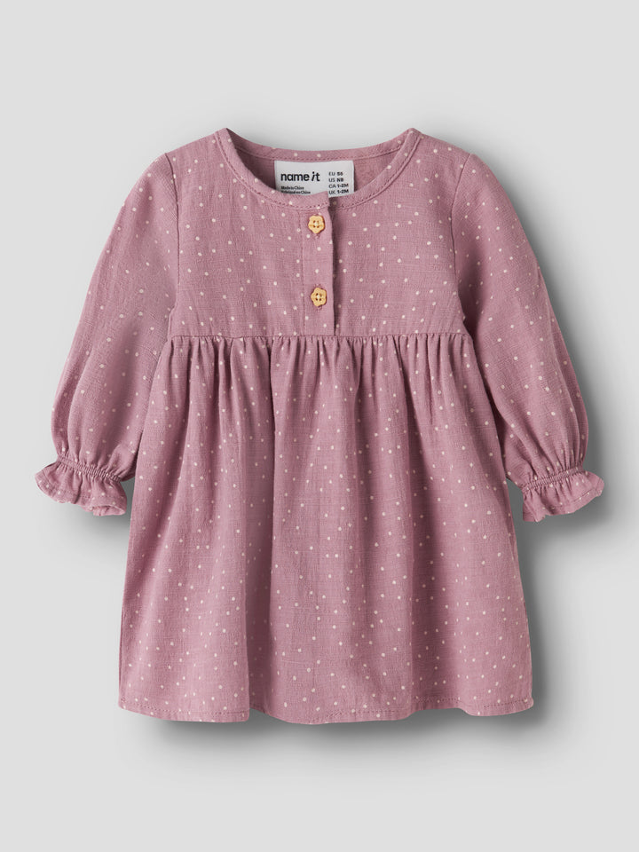 Name It Lalou klänning för babyflicka med prickigt mönster, träknappar och volangärmar