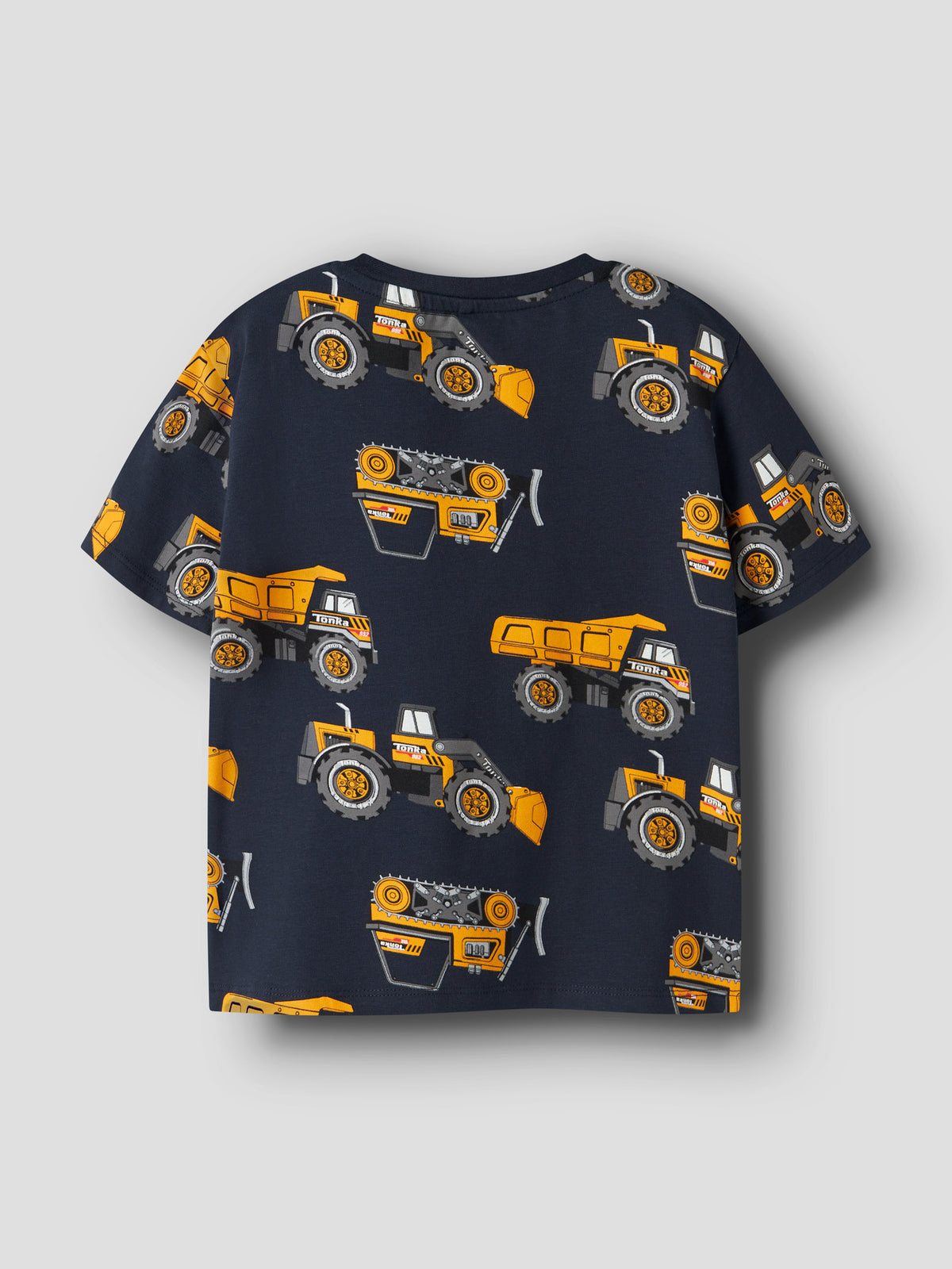 name it Tonka T-shirt för pojke i navy ekologisk bomull med dumprar, hjullastare och arbetsfordon i färgglatt allovertryck.