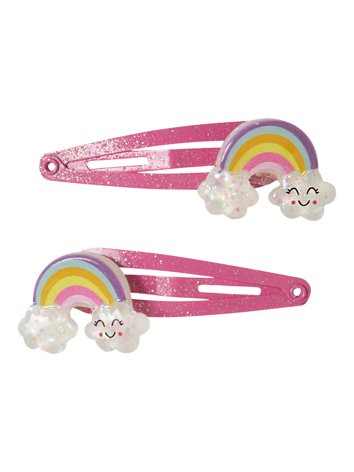 name it hårspännen 2-pack för flicka med glittrig regnbåge på rosa klickspännen.