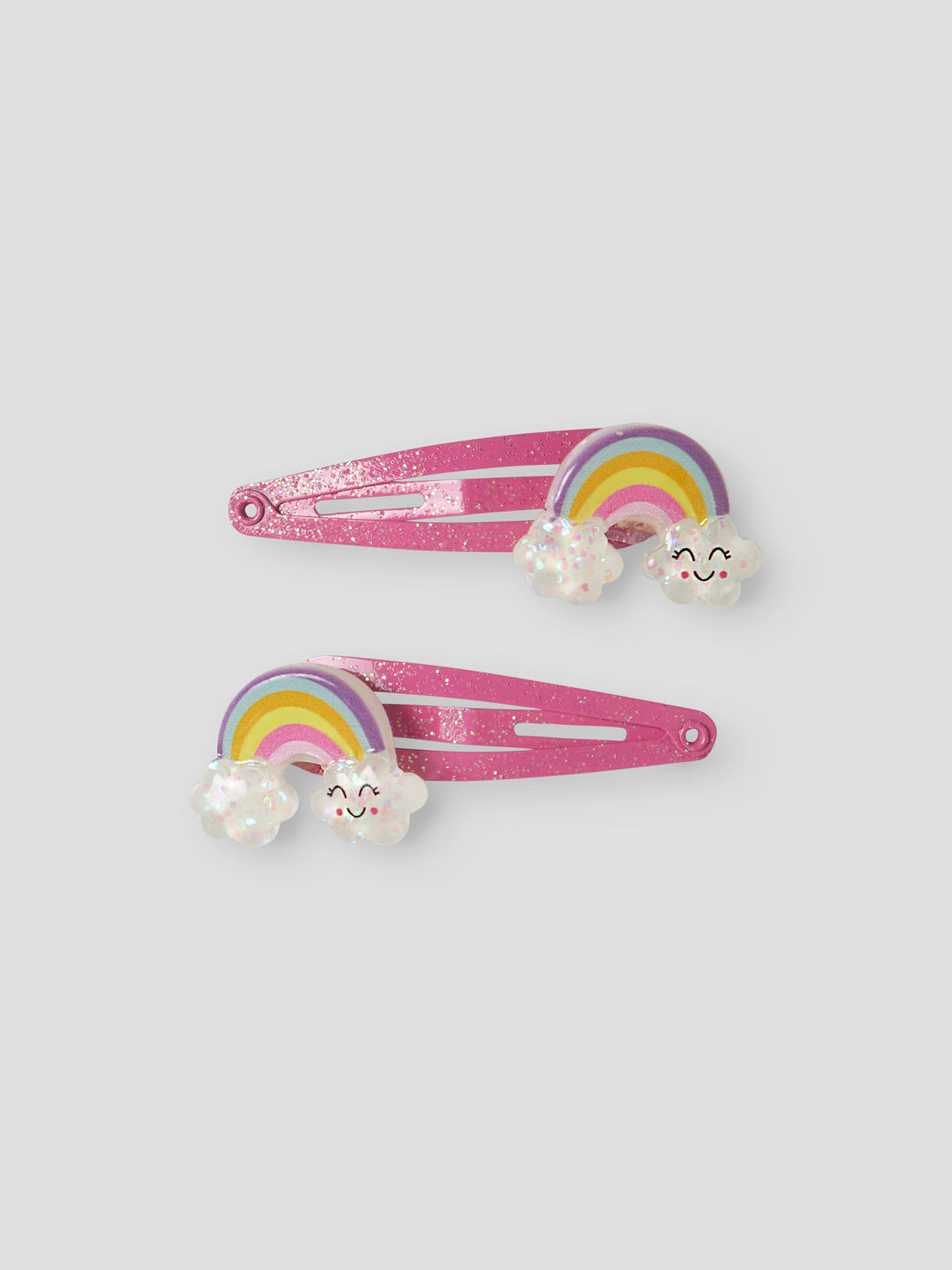 name it hårspännen 2-pack för flicka med glittrig regnbåge på rosa klickspännen.