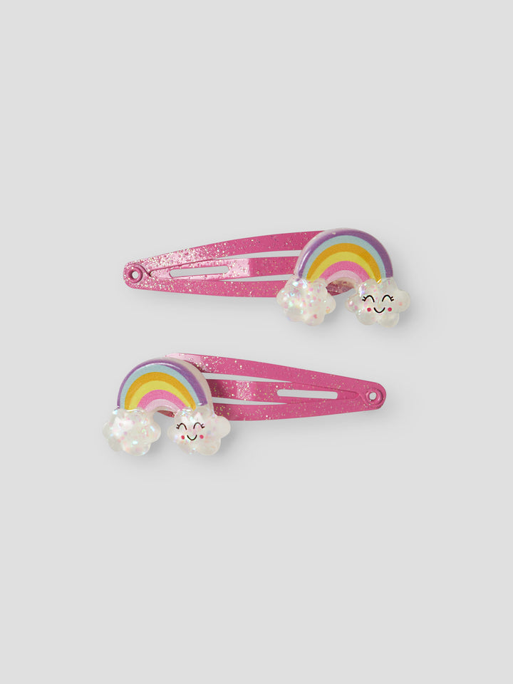 name it hårspännen 2-pack för flicka med glittrig regnbåge på rosa klickspännen.