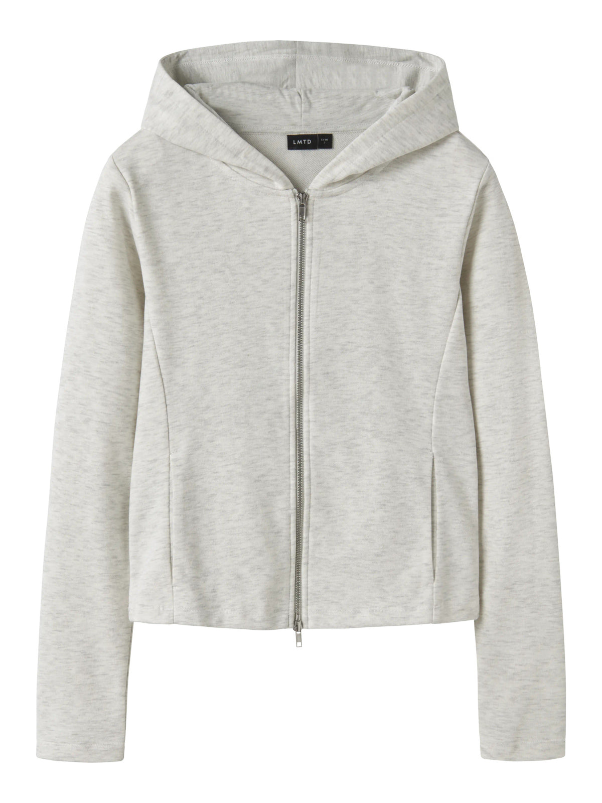 LMTD Lunic ljusgrå hoodiekofta för ungdomstjej med huva, dragkedja, sidofickor och mjuk borstad insida. Modell NLFLUNIC LS BRU S CARDIGAN W. HOOD.