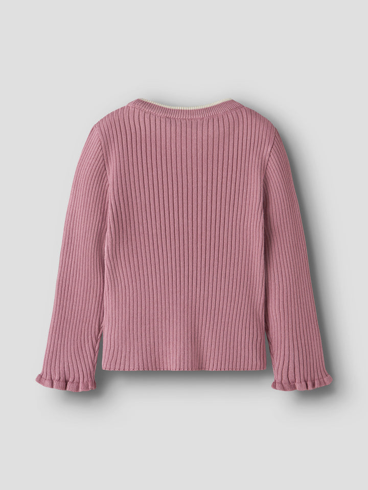 Name It Leanna stickad ribbtröja för flicka i rosa färg med volangkant vid ärmsluten