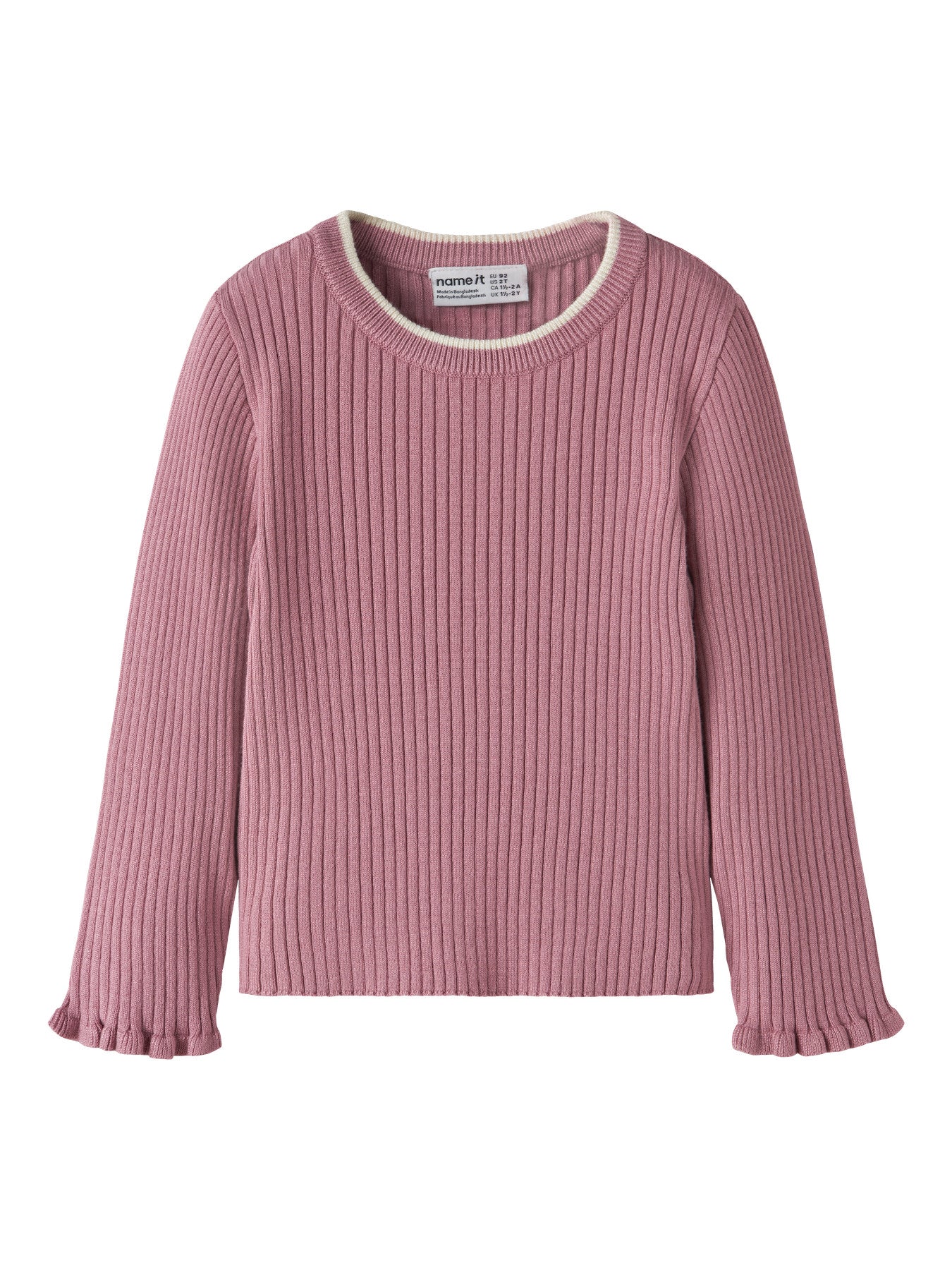 Name It Leanna stickad ribbtröja för flicka i rosa färg med volangkant vid ärmsluten