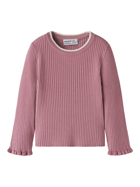 Name It Leanna stickad ribbtröja för flicka i rosa färg med volangkant vid ärmsluten