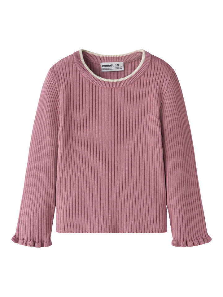 Name It Leanna stickad ribbtröja för flicka i rosa färg med volangkant vid ärmsluten