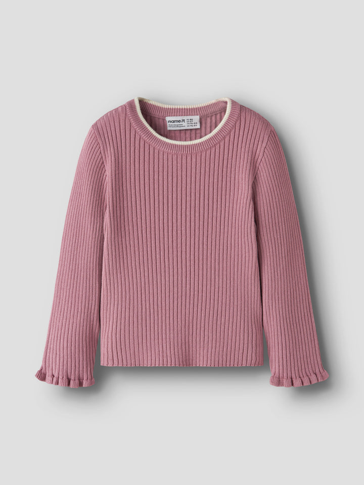 Name It Leanna stickad ribbtröja för flicka i rosa färg med volangkant vid ärmsluten