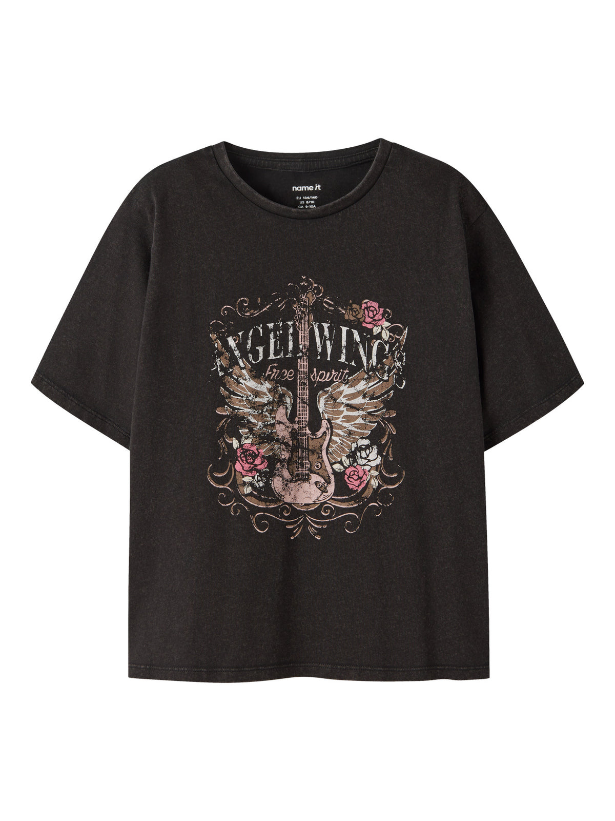 Name It svart t-shirt med rockmotiv och gitarr för flicka i ekologisk bomull