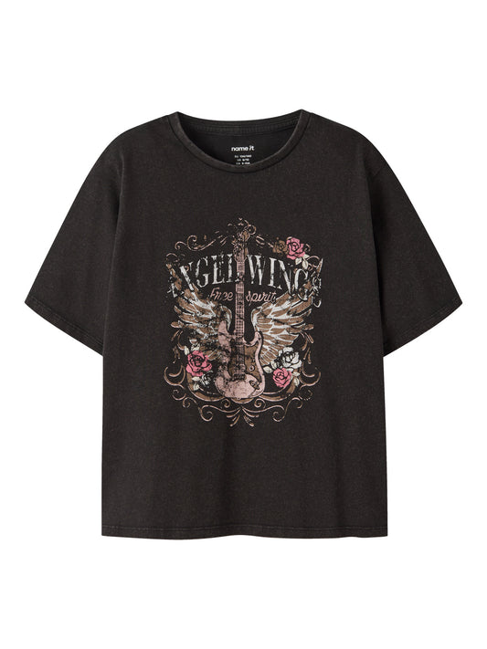 Name It svart t-shirt med rockmotiv och gitarr för flicka i ekologisk bomull
