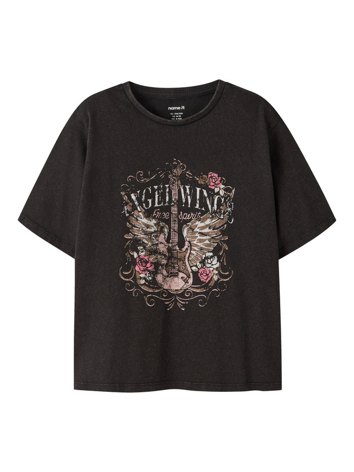 Name It svart t-shirt med rockmotiv och gitarr för flicka i ekologisk bomull
