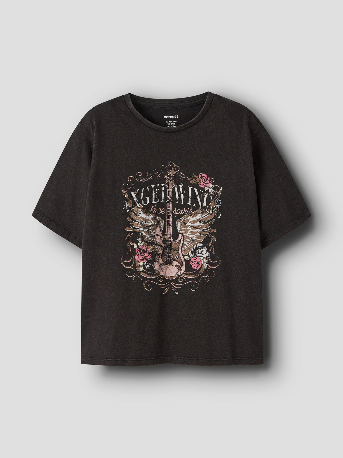 Name It svart t-shirt med rockmotiv och gitarr för flicka i ekologisk bomull
