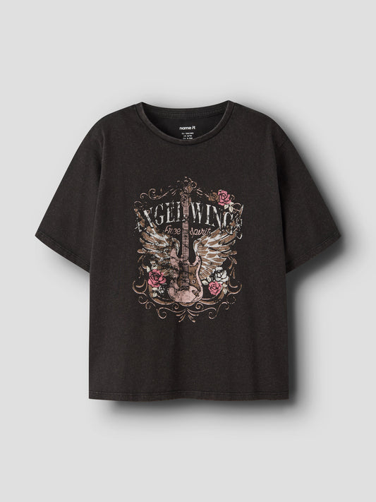 Name It svart t-shirt med rockmotiv och gitarr för flicka i ekologisk bomull