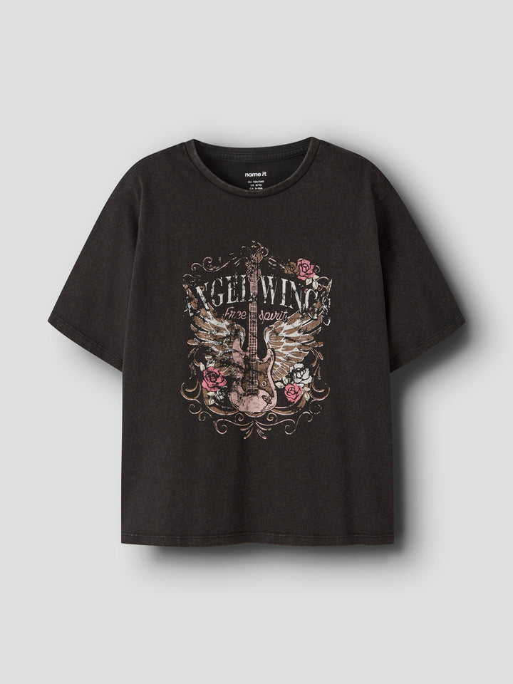 Name It svart t-shirt med rockmotiv och gitarr för flicka i ekologisk bomull