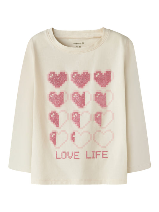 Name It Laraine långärmad tröja för flicka med rosa glittrigt hjärtmotiv i Antique White