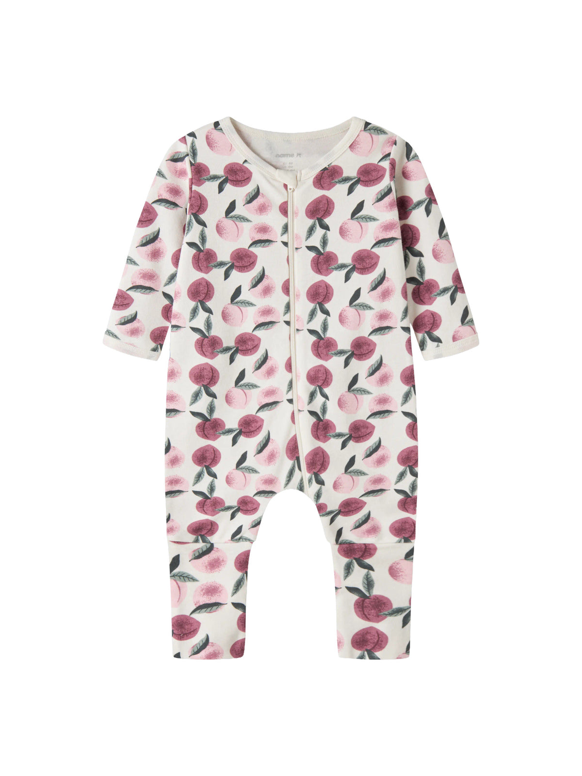 Name It baby pyjamas med valfri fot i färgen Jet Stream med rosa persikor, långärmad pyjamas med tvåvägsdragkedja för baby flicka.