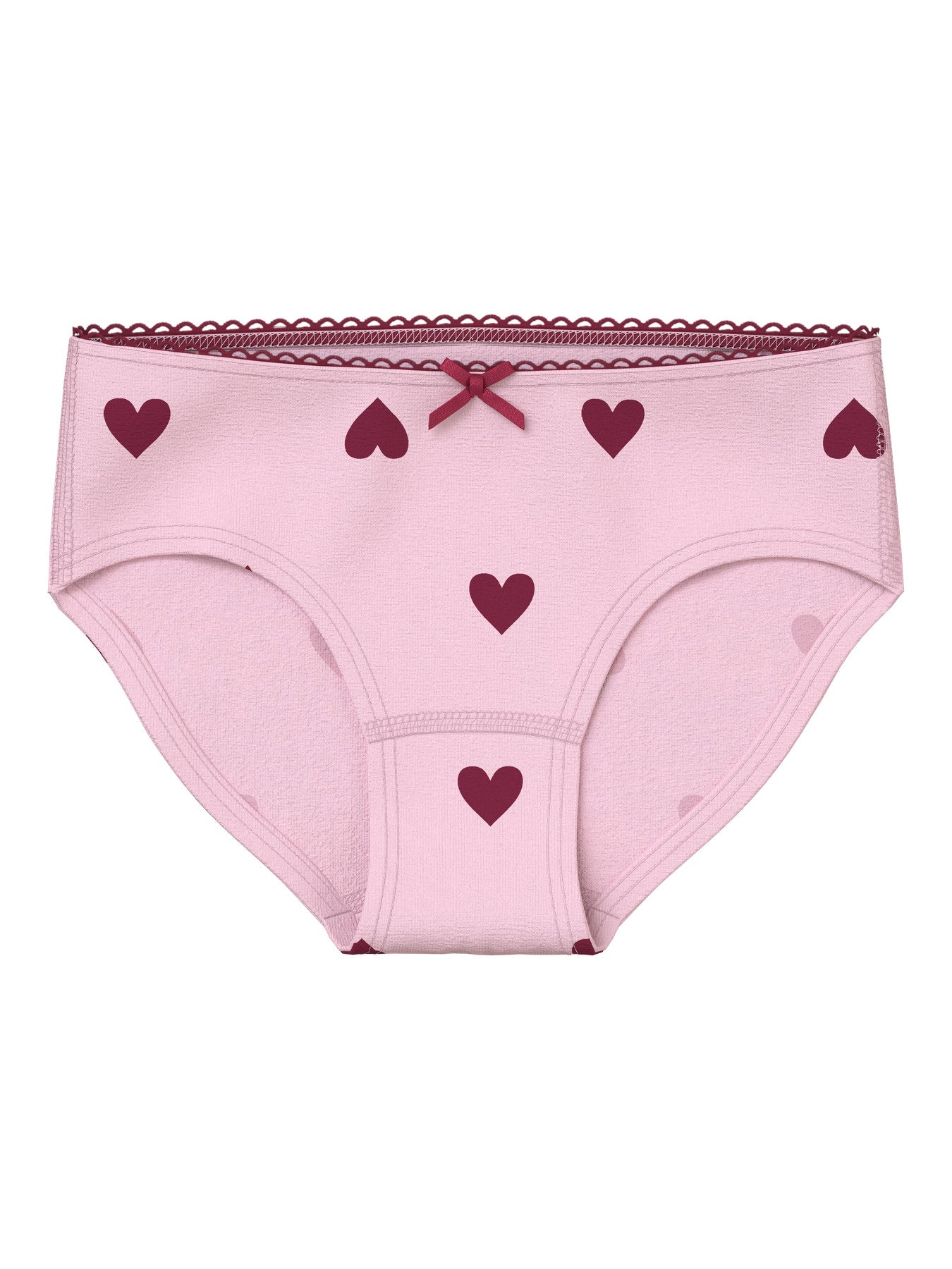 3-pack trosor för flicka från name it i rosa nyanser med hjärtmönster, spetskant och små rosetter i mjuk ekologisk bomull med stretch.