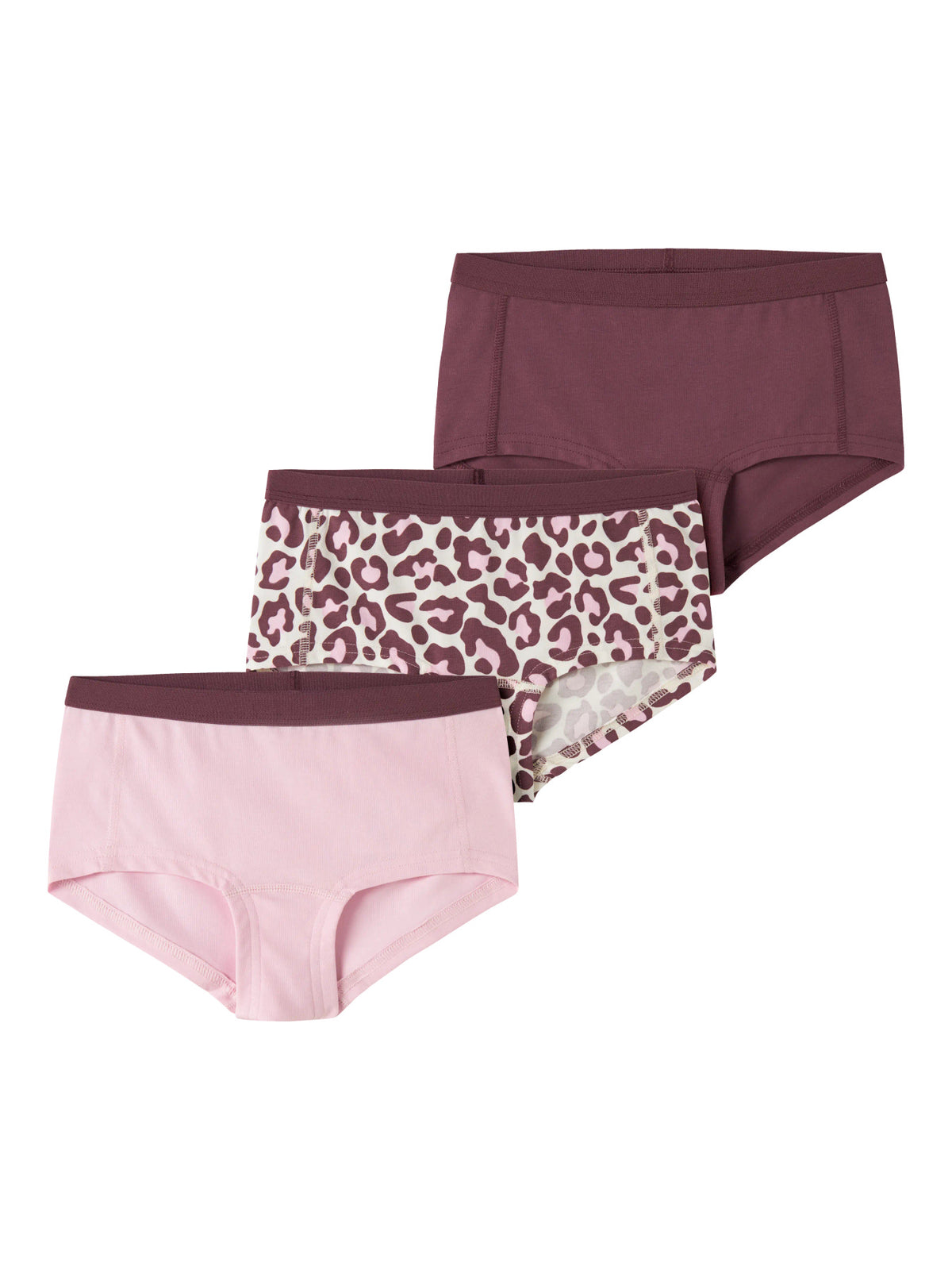 name it hipstertrosor 3-pack för flicka i ekologisk bomull med leopardmönster och enfärgade rosa och vinröda trosor.