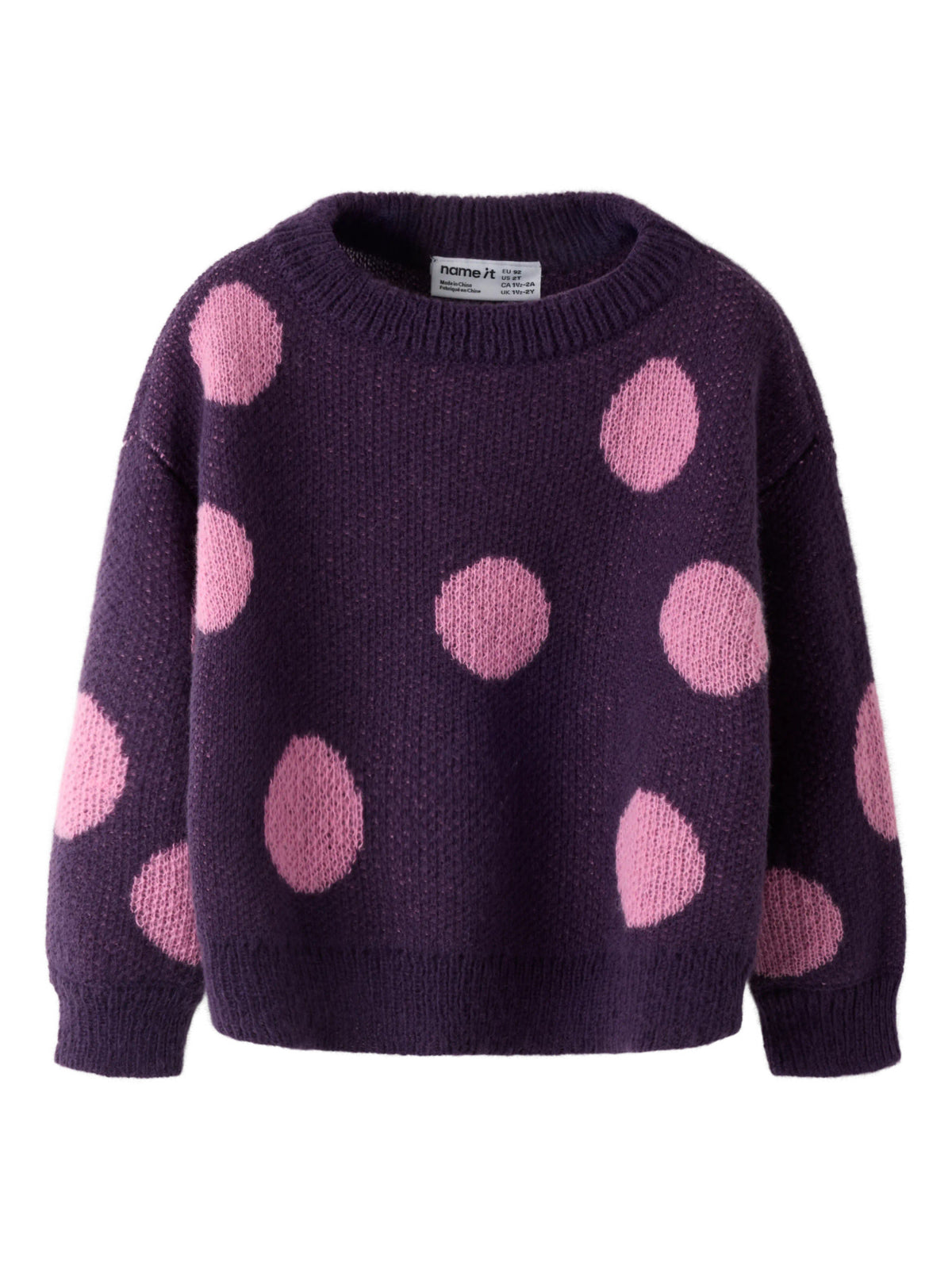 Name It Olisa mörklila stickad tröja mini flicka med stora rosa prickar