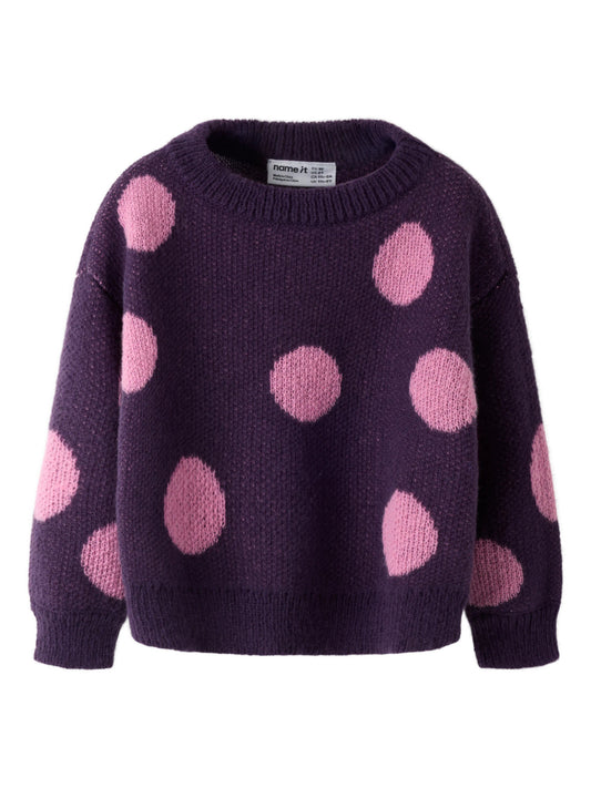 Name It Olisa mörklila stickad tröja mini flicka med stora rosa prickar